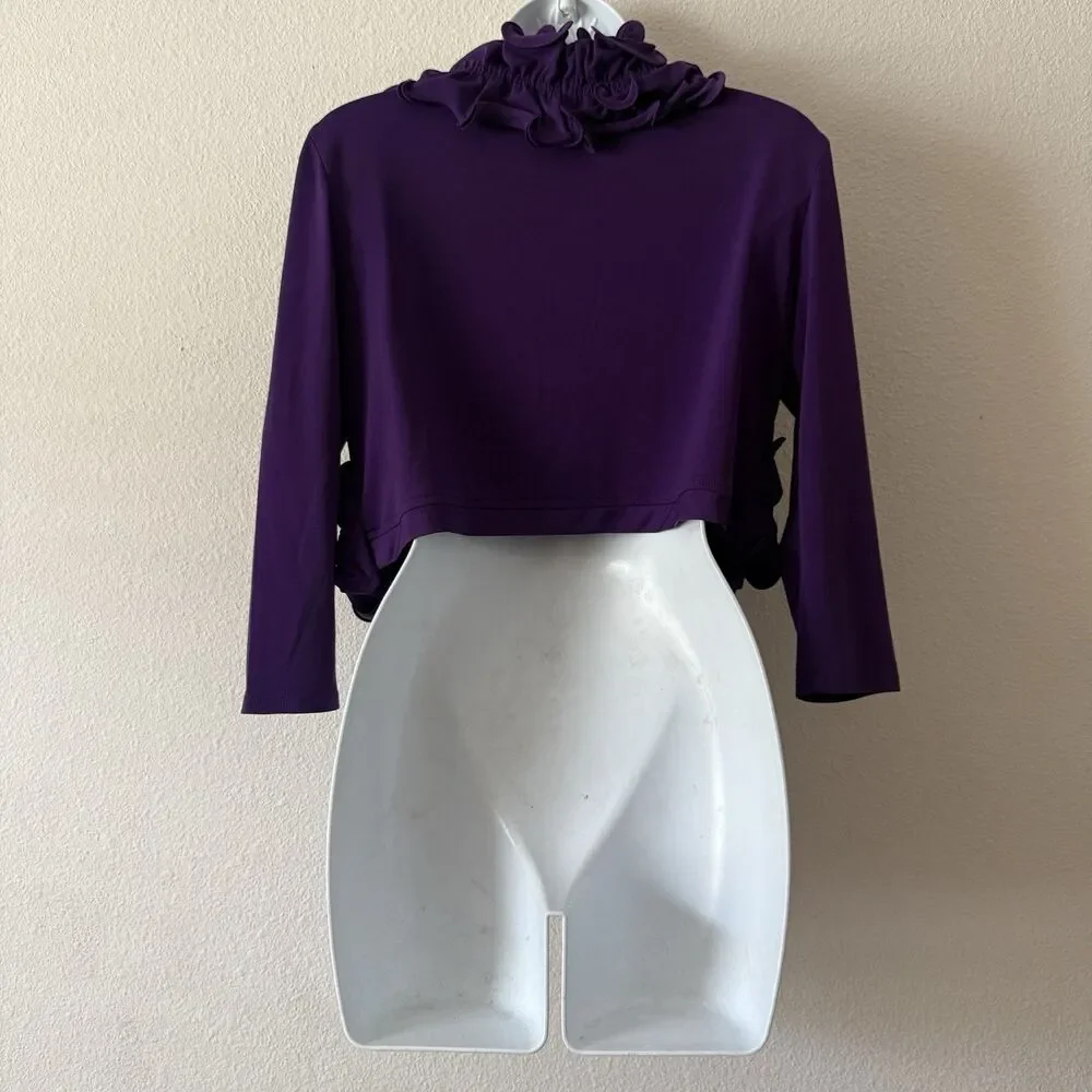 Glamour Purple Ruffle Trim Bolero Shrug Cropped Cardigan Jacket 3/4 Sleeve Sz S